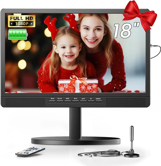 DVB/T2, 6000 mAh, draadloos gebruik, DESOBRY Kleine tv met antenne, draagbare tv met Freeview -tuner, 6000 mAh accu, mini-tv met standaard