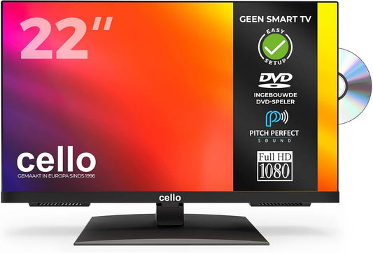 Cello C2224F 22' FULL HD LED TV voorzien van randloos design Geïntegreerde DVD-speler Drievoudige tuner DVB-C/-S2/-T2 'Pitch Sound' voor kleine kamers