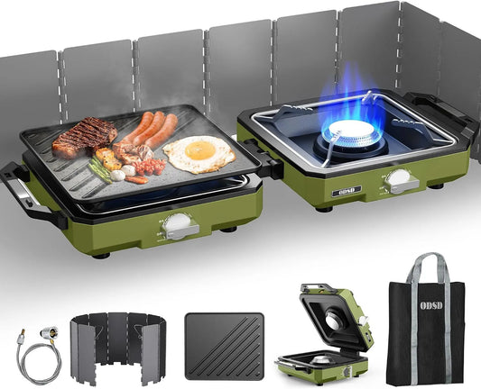 Gaskookplaat, 20000 BTU, opvouwbaar ontwerp, draagbaar ontwerp, ODSD 2-pits campingfornuis met voorruit, 20000 BTU propaan Camp Stove