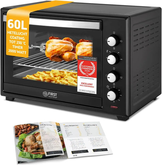 Elektrische oven, 2000W, 60 Min, timer, draaispitfunctie, TZS First Austria, Minibakoven 60L 2000W, Ruime Minioven met 60 Min. Timer
