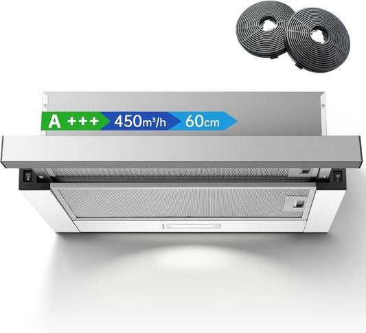 Afzuigkap, 60 cm, Platte kap 60 cm, keukenventilatie met instelbare afzuigstanden